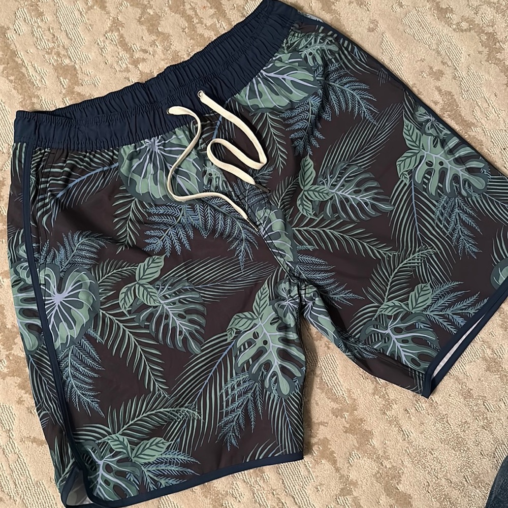 Fair Harbor Navy Swim Board Shorts with Green Leaf Print